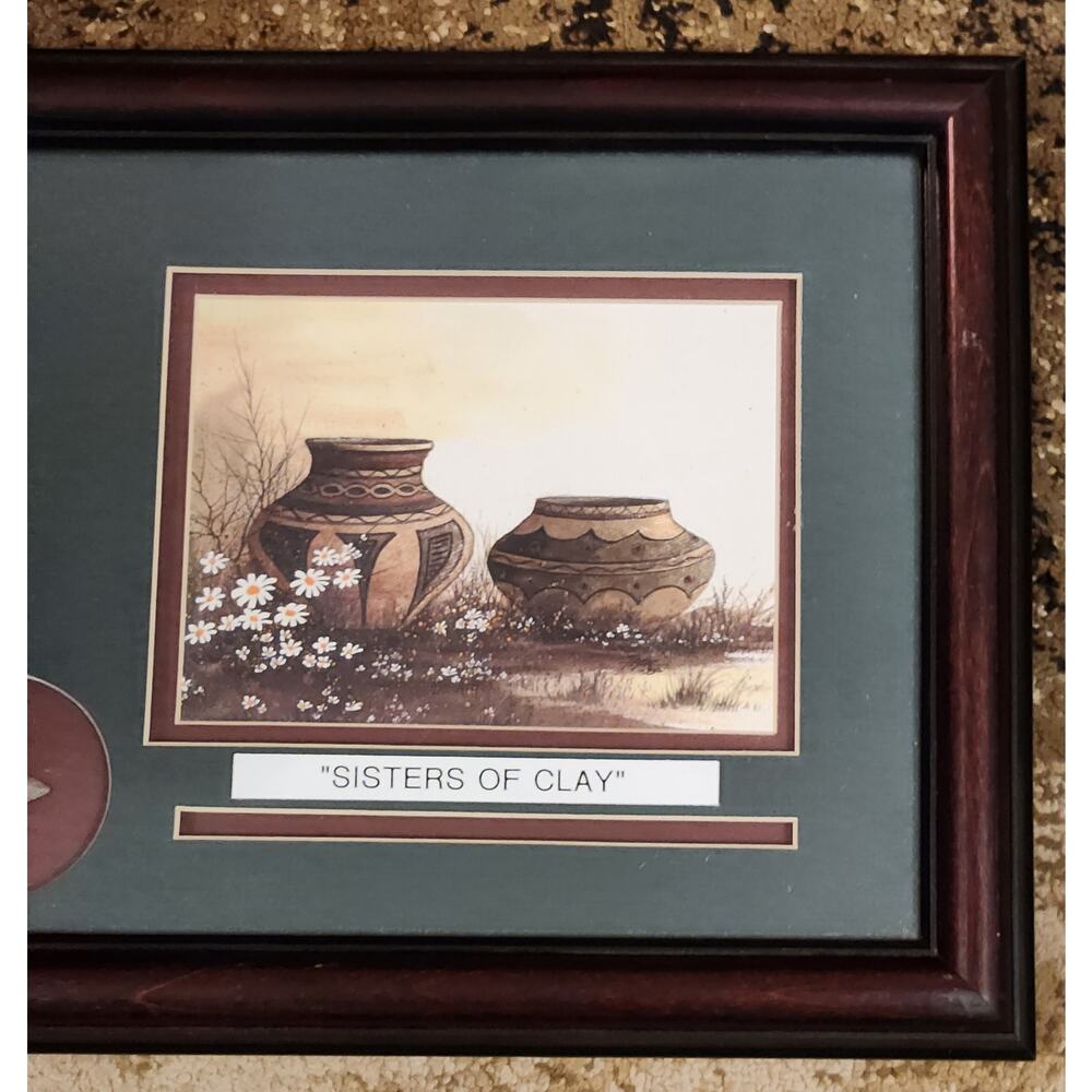 Native American Painting and Real Arrow Head Matted and Framed SISTERS OF CLAY - Picture 4 of 6